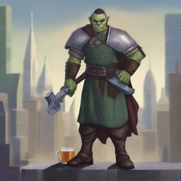 This is a high-quality digital art image of an androgynous half-orc cleric