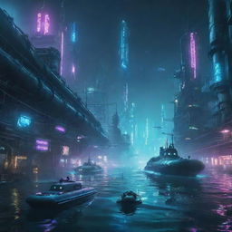 A futuristic cyberpunk city submerged underwater, illuminated with neon lights. Two submarines are exploring, while airborne vehicles stream above the water surface.