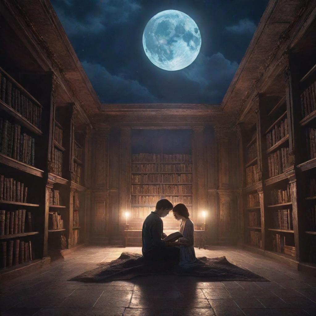 A stunning fantasy library. Inside, a 21-year-old man with short hair and a 20-year-old girl completely immersed in the world of a book, illuminated under the peaceful moonlight.