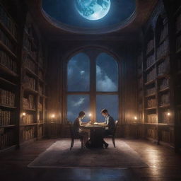 A stunning fantasy library. Inside, a 21-year-old man with short hair and a 20-year-old girl completely immersed in the world of a book, illuminated under the peaceful moonlight.