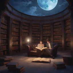 A stunning fantasy library. Inside, a 21-year-old man with short hair and a 20-year-old girl completely immersed in the world of a book, illuminated under the peaceful moonlight.