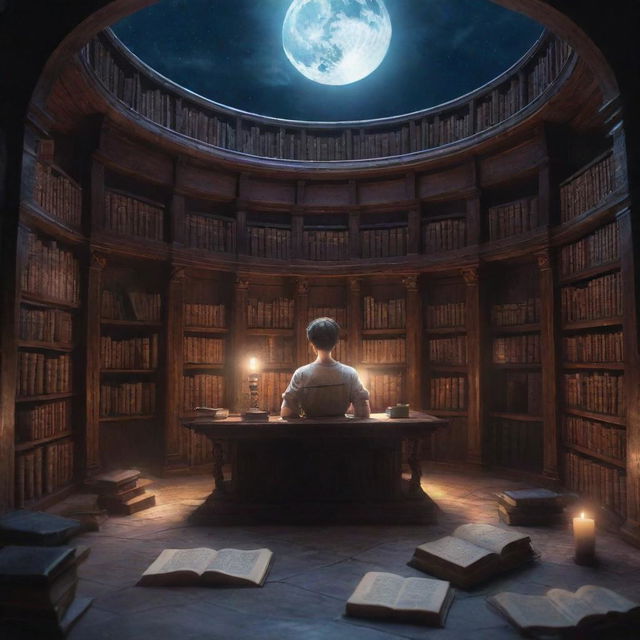 A stunning fantasy library. Inside, a 21-year-old man with short hair and a 20-year-old girl completely immersed in the world of a book, illuminated under the peaceful moonlight.