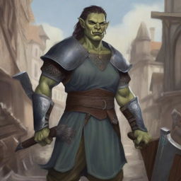 A high-quality digital art image vividly presents an androgynous half-orc cleric