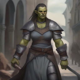 A high-quality digital art image vividly presents an androgynous half-orc cleric