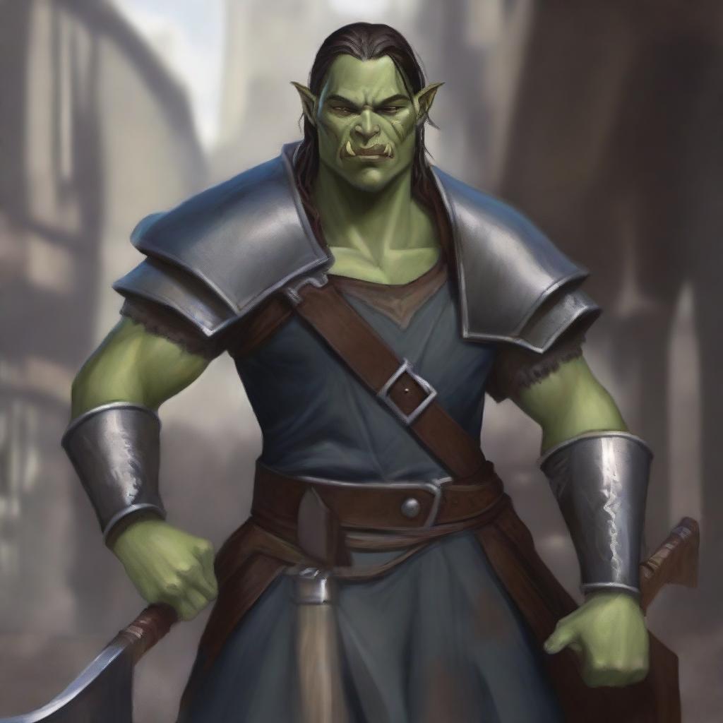 A high-quality digital art image vividly presents an androgynous half-orc cleric