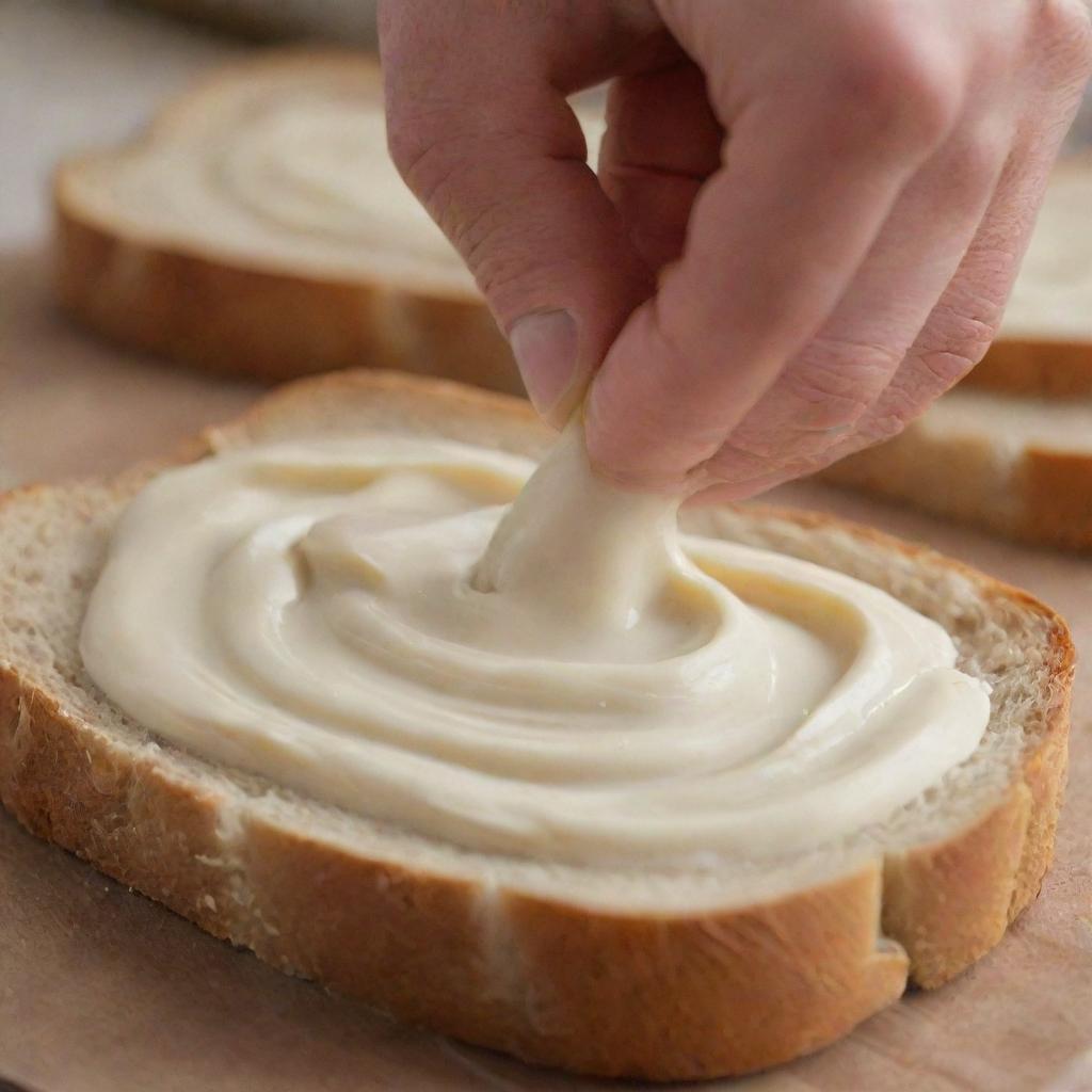 Close-up view of a creamy spread being smoothly applied on a fresh slice of bread.