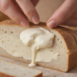 Close-up view of a creamy spread being smoothly applied on a fresh slice of bread.