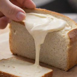 Close-up view of a creamy spread being smoothly applied on a fresh slice of bread.