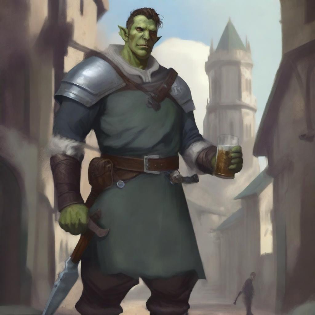 The image is a high-quality digital art representation of an androgynous half-orc cleric