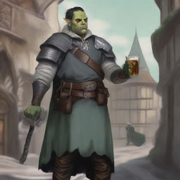 The image is a high-quality digital art representation of an androgynous half-orc cleric