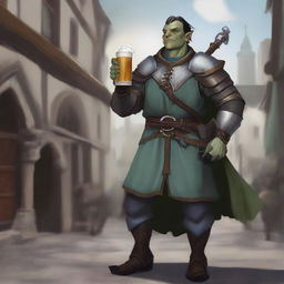 The image is a high-quality digital art representation of an androgynous half-orc cleric