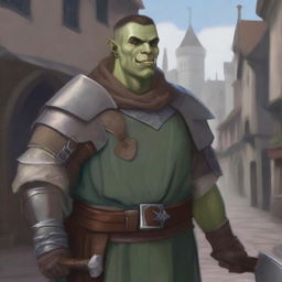 The image is a high-quality digital art representation of an androgynous half-orc cleric