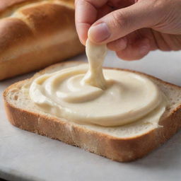 Close-up view of a creamy spread being smoothly applied on a fresh slice of bread.