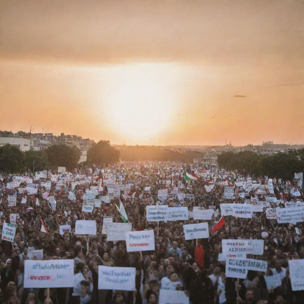 A peaceful demonstration in support of Palestine, with people holding placards and banners with words like 'Free Palestine', 'Peace', 'Unity', framed against the backdrop of a sunset