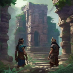 A high-quality digital art image showing a scene set in the ruins of an ancient Aztec city, nestled deep within a lush jungle