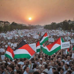 A peaceful demonstration in support of Palestine, with people holding placards and banners with words like 'Free Palestine', 'Peace', 'Unity', framed against the backdrop of a sunset