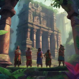 A high-quality digital art image showing a scene set in the ruins of an ancient Aztec city, nestled deep within a lush jungle