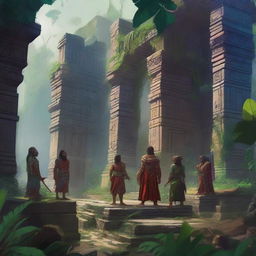 A high-quality digital art image showing a scene set in the ruins of an ancient Aztec city, nestled deep within a lush jungle