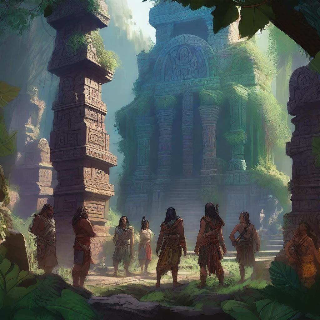 A high-quality digital art image showing a scene set in the ruins of an ancient Aztec city, nestled deep within a lush jungle