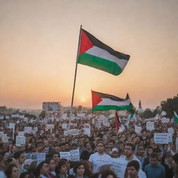 A peaceful demonstration in support of Palestine, with people holding placards and banners with words like 'Free Palestine', 'Peace', 'Unity', framed against the backdrop of a sunset