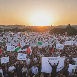 A peaceful demonstration in support of Palestine, with people holding placards and banners with words like 'Free Palestine', 'Peace', 'Unity', framed against the backdrop of a sunset