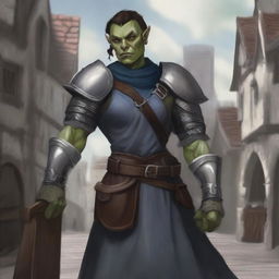 This digital art image in high resolution portrays an androgynous, femme half-orc cleric