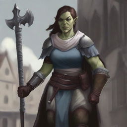 This digital art image in high resolution portrays an androgynous, femme half-orc cleric