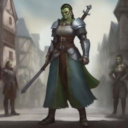 This digital art image in high resolution portrays an androgynous, femme half-orc cleric