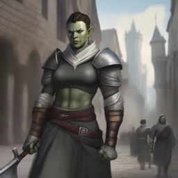 This digital art image in high resolution portrays an androgynous, femme half-orc cleric