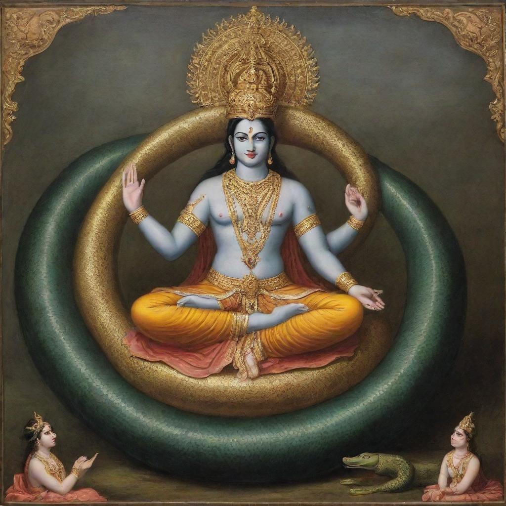 Vishnu, a deity in Hindu mythology, is lying on a snake, called 'Naga', while Brahma, another deity, is emerging from Vishnu's navel. Vishnu is observing humanity from his calm and serene position.