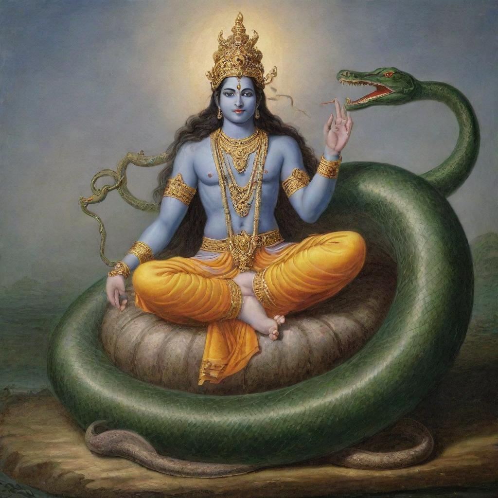 Vishnu, a deity in Hindu mythology, is lying on a snake, called 'Naga', while Brahma, another deity, is emerging from Vishnu's navel. Vishnu is observing humanity from his calm and serene position.