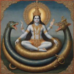 Vishnu, a deity in Hindu mythology, is lying on a snake, called 'Naga', while Brahma, another deity, is emerging from Vishnu's navel. Vishnu is observing humanity from his calm and serene position.