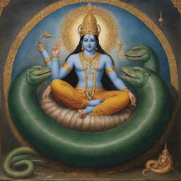 Vishnu, a deity in Hindu mythology, is lying on a snake, called 'Naga', while Brahma, another deity, is emerging from Vishnu's navel. Vishnu is observing humanity from his calm and serene position.