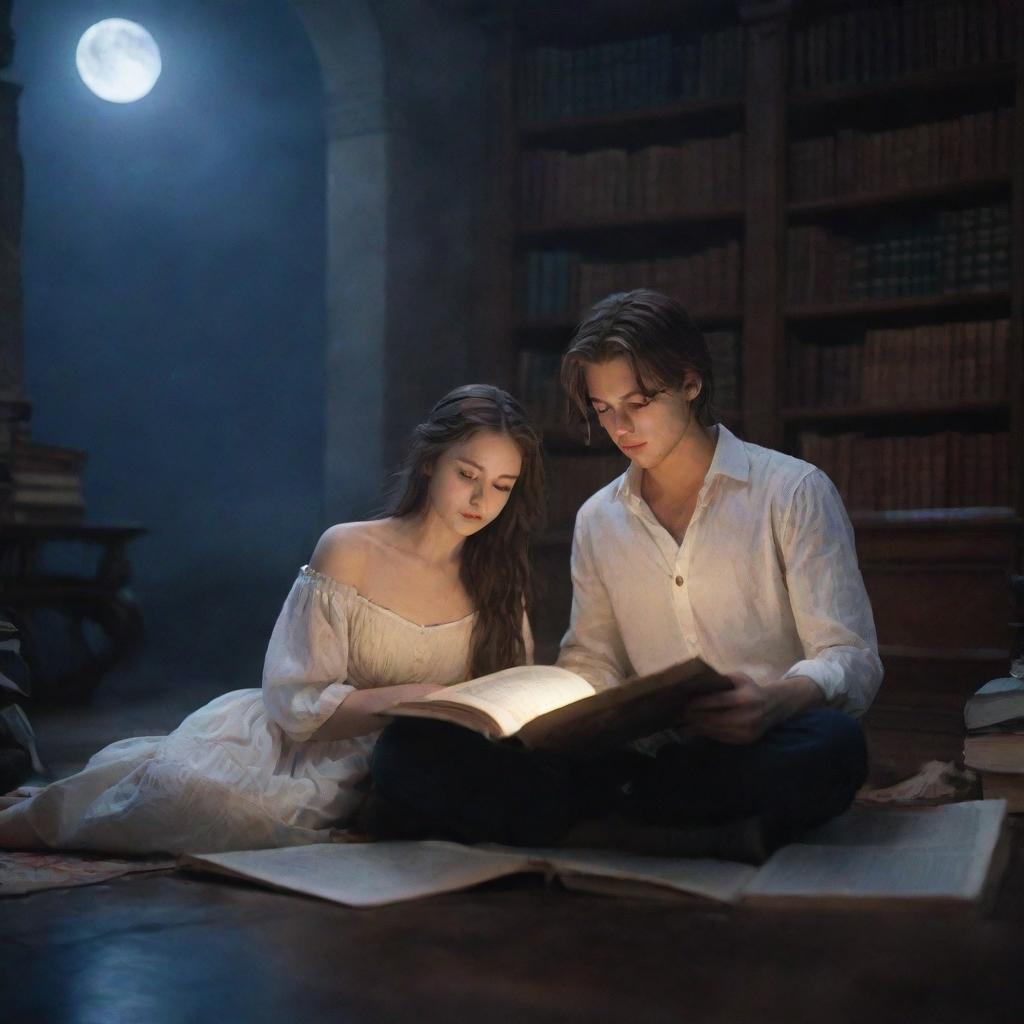 A dreamlike fantasy library scene. Inside, a 21-year-old short-haired man and a long-haired girl deeply engrossed in a book under the calming moonlight.