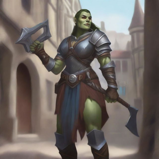 This is a striking digital art image of an androgynous, femme half-orc warrior