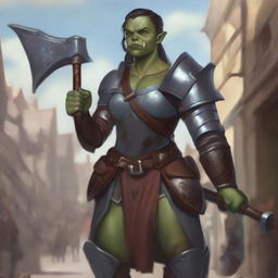 This is a striking digital art image of an androgynous, femme half-orc warrior