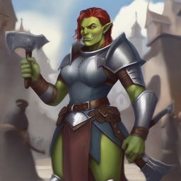 This is a striking digital art image of an androgynous, femme half-orc warrior