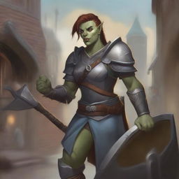 This is a striking digital art image of an androgynous, femme half-orc warrior