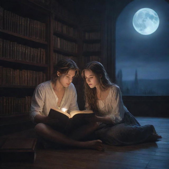 A dreamlike fantasy library scene. Inside, a 21-year-old short-haired man and a long-haired girl deeply engrossed in a book under the calming moonlight.