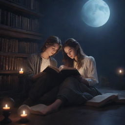 A dreamlike fantasy library scene. Inside, a 21-year-old short-haired man and a long-haired girl deeply engrossed in a book under the calming moonlight.