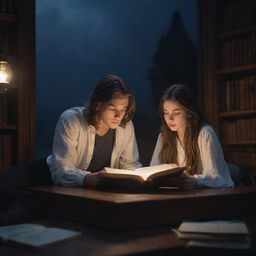 A dreamlike fantasy library scene. Inside, a 21-year-old short-haired man and a long-haired girl deeply engrossed in a book under the calming moonlight.