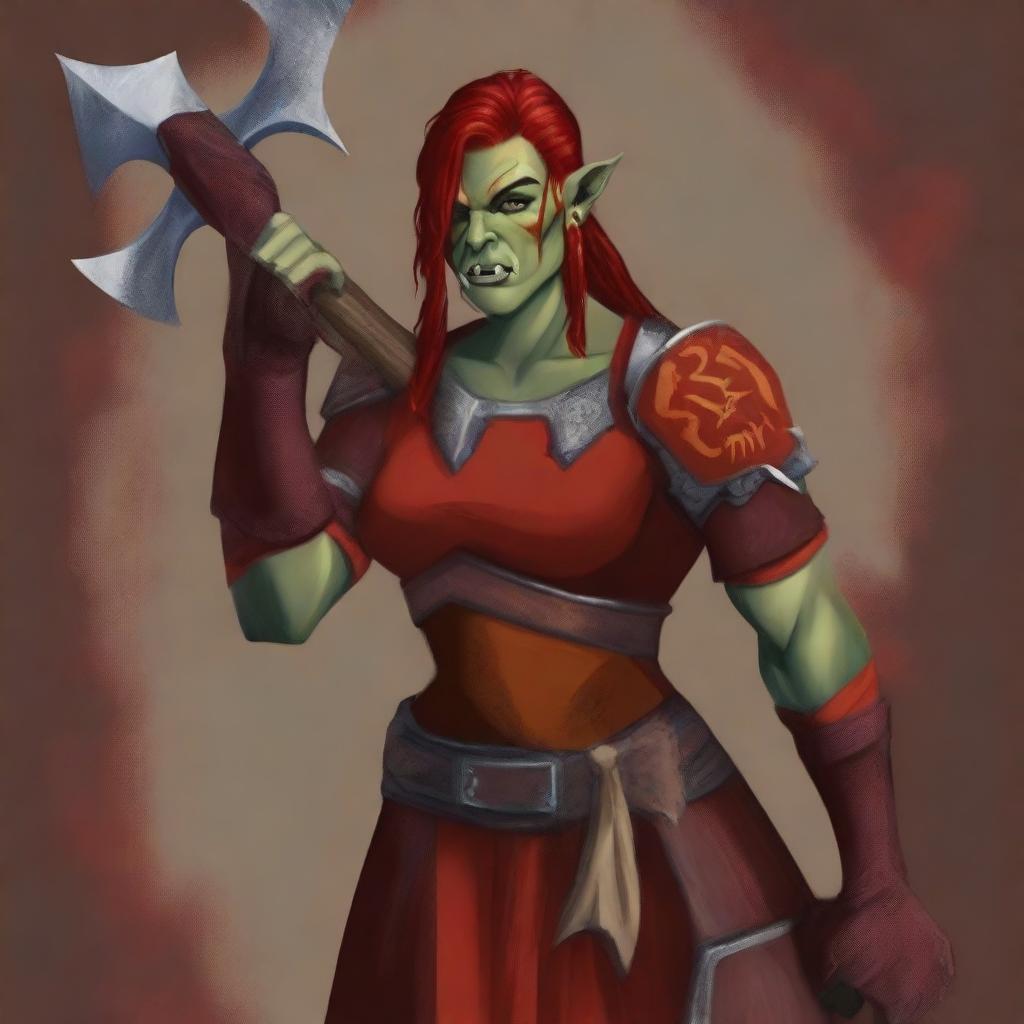 This digital art image features an androgynous femme half-orc warrior in a striking red and orange tunic