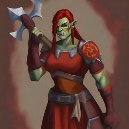 This digital art image features an androgynous femme half-orc warrior in a striking red and orange tunic