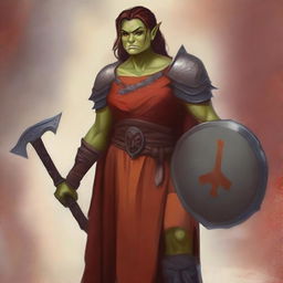 This digital art image features an androgynous femme half-orc warrior in a striking red and orange tunic