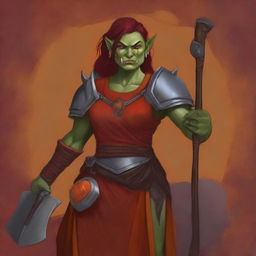 This digital art image features an androgynous femme half-orc warrior in a striking red and orange tunic