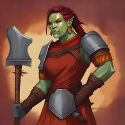 This digital art image features an androgynous femme half-orc warrior in a striking red and orange tunic