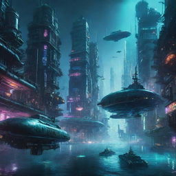 An enormous, sprawling futuristic cyberpunk city submerged underwater, vividly lit with neon lights. A pair of colossal submarines explore the city, while fleets of airborne vehicles hover above the surface of the water.