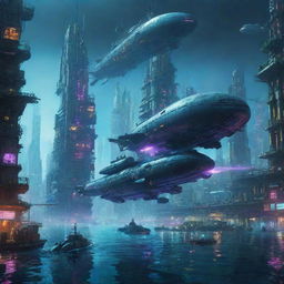 An enormous, sprawling futuristic cyberpunk city submerged underwater, vividly lit with neon lights. A pair of colossal submarines explore the city, while fleets of airborne vehicles hover above the surface of the water.