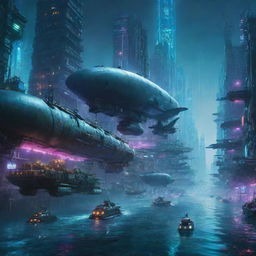 An enormous, sprawling futuristic cyberpunk city submerged underwater, vividly lit with neon lights. A pair of colossal submarines explore the city, while fleets of airborne vehicles hover above the surface of the water.