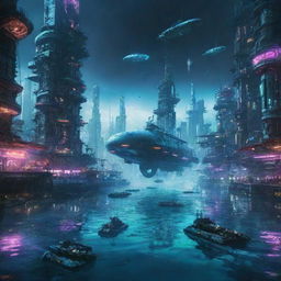 An enormous, sprawling futuristic cyberpunk city submerged underwater, vividly lit with neon lights. A pair of colossal submarines explore the city, while fleets of airborne vehicles hover above the surface of the water.